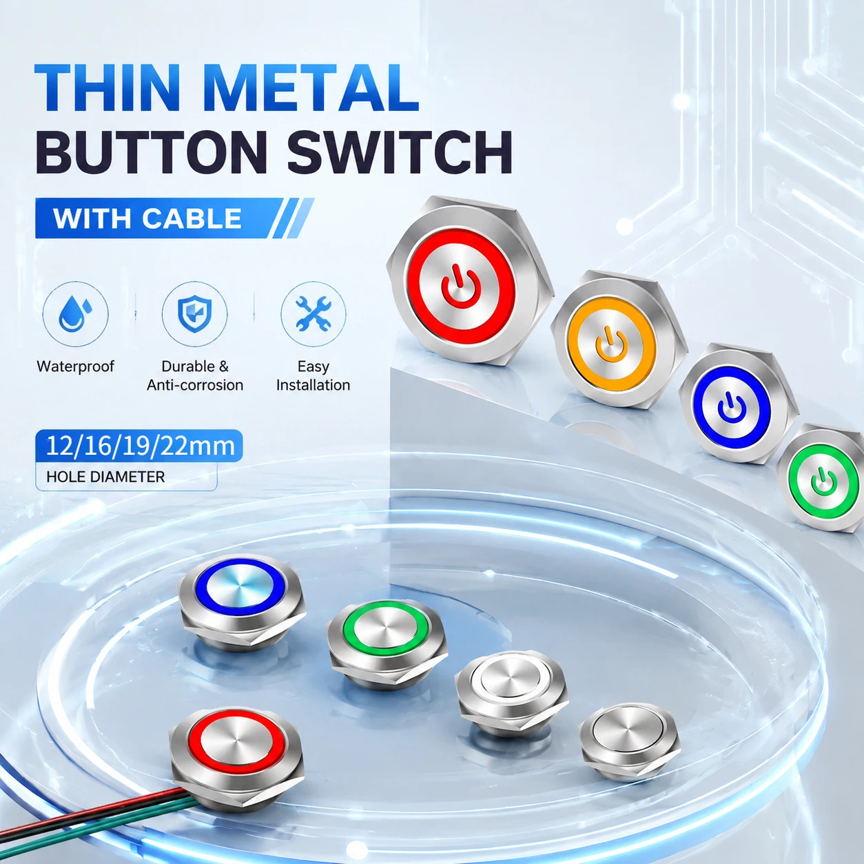 momentary 12/16/19/22mm metal flat head button ultra-short thin belt power mark ring light micro-travel button