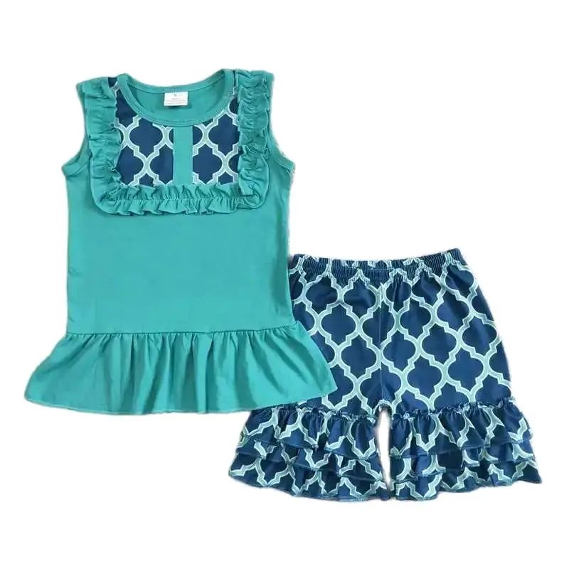 

2022 Daily Wearing RTS Summer Girls Clothing Sets Lake Blue Sleeveless Top Boutique Outfits Baby Ruffle Shorts Sets Fashion