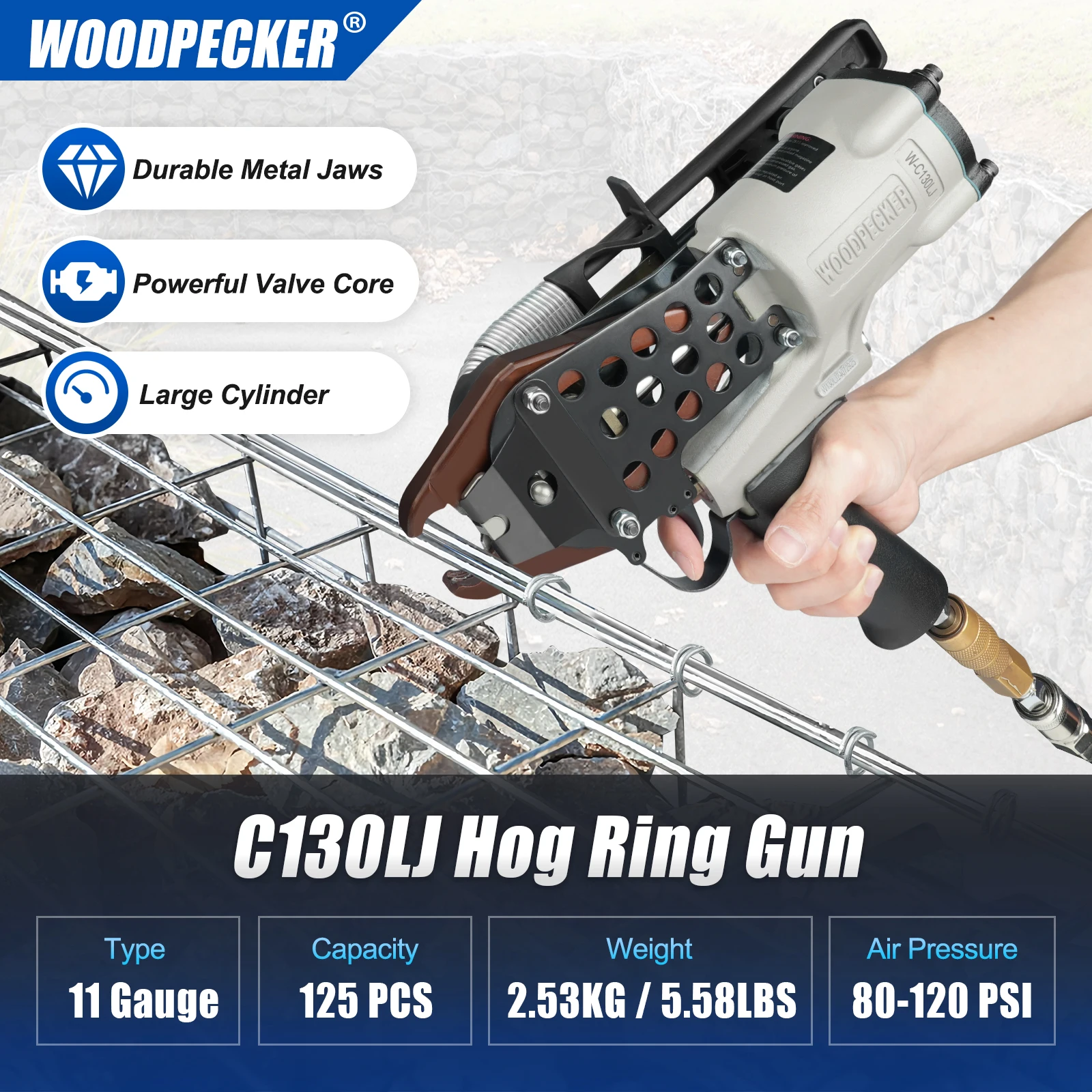 Woodpecker C130LJ 11 Gauge Easy Carry Pneumatic Hog Ring Gun for Gabion 1 1/2 Inch Crown Air C Ring Plier for Wire Cages, Gabion