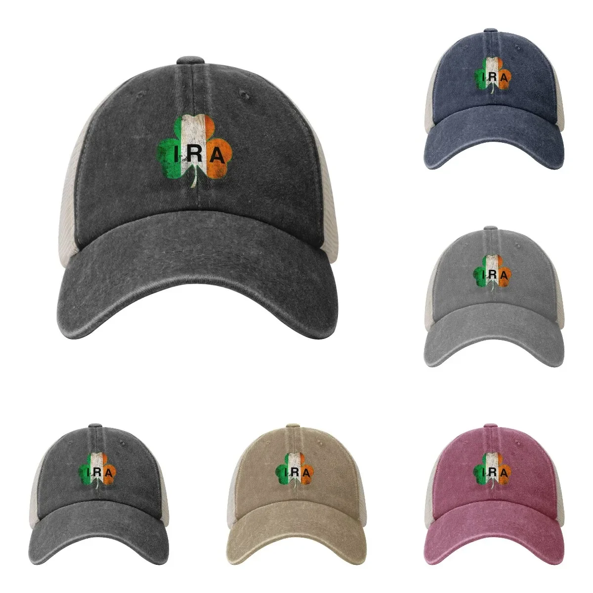 IRA Irish Lucky Shamrock St Patrick's Day Ireland Flag Cotton Washed Baseball Cap Mens Women Adjustable Mesh Breathble Sun Hats