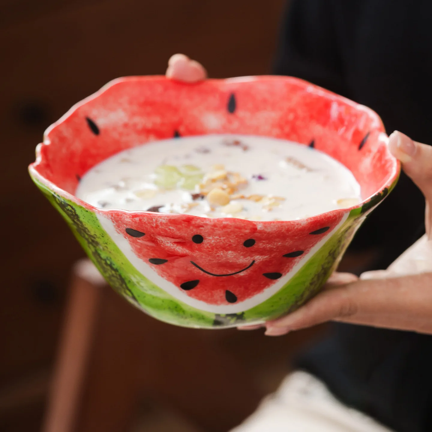 Hand Painted Smiling Face Watermelon Bowl Nice Bowl Personal Salad Noodles in Soup Bowl Ceramic Underglaze Color Tableware