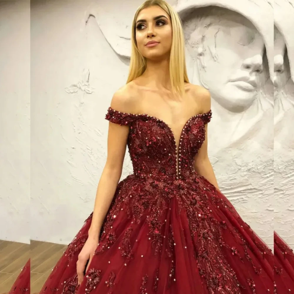 Dark Red Lace Appliques Evening Dress Beaded Elegant Formal Off Shoulder Ball Gown For Woman Vestidos De Novia Customed 2024