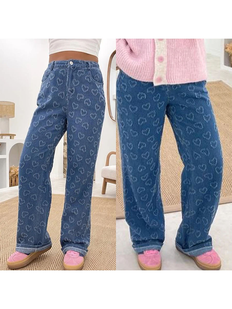 Pantalon en Denim à Motif de Cœur pour Femme, Jean Taille Haute, Décontracté, Bleu, Slim, Jambe Droite, avec Poches, 2025