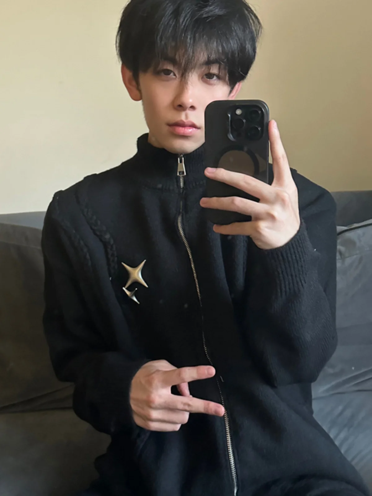 

Модный мужской вязаный кардиган-свитер в осенне-зимнем стиле с двойной молнией и дизайнерскими отверстиями, свободный крой, трикотаж в стиле Cleanfit