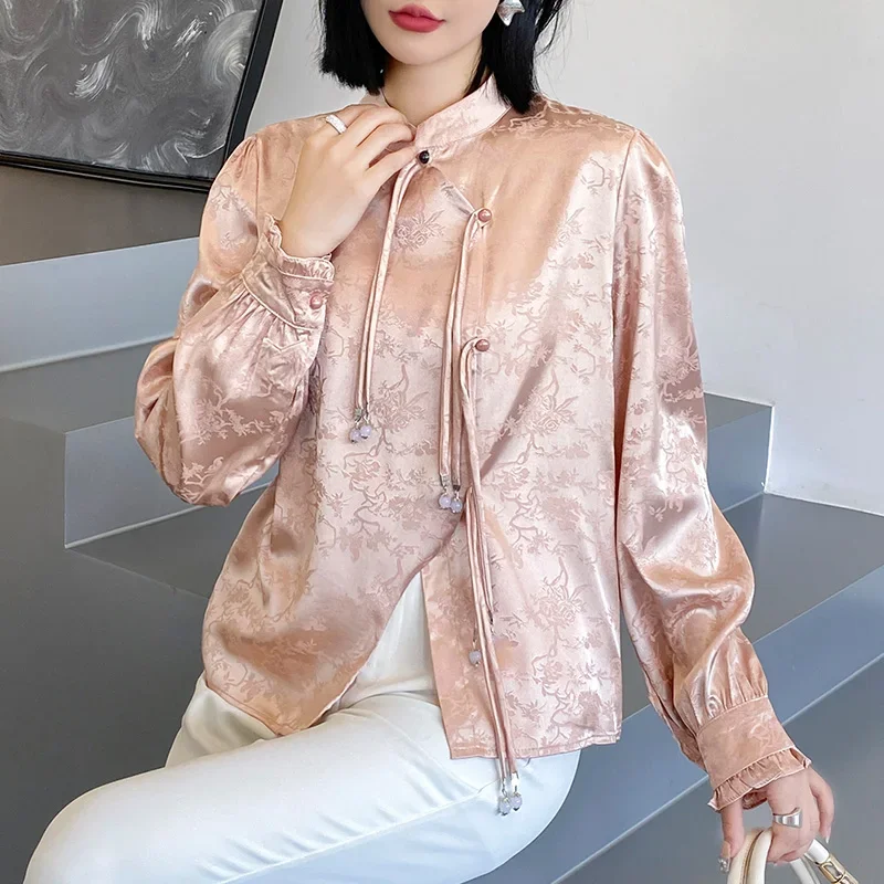 Chinese Style Improved Hanfu Jacquard Shirt for Women Retro Stand Collar Long Sleeves Elegant Pink White Slim Lace-up Top