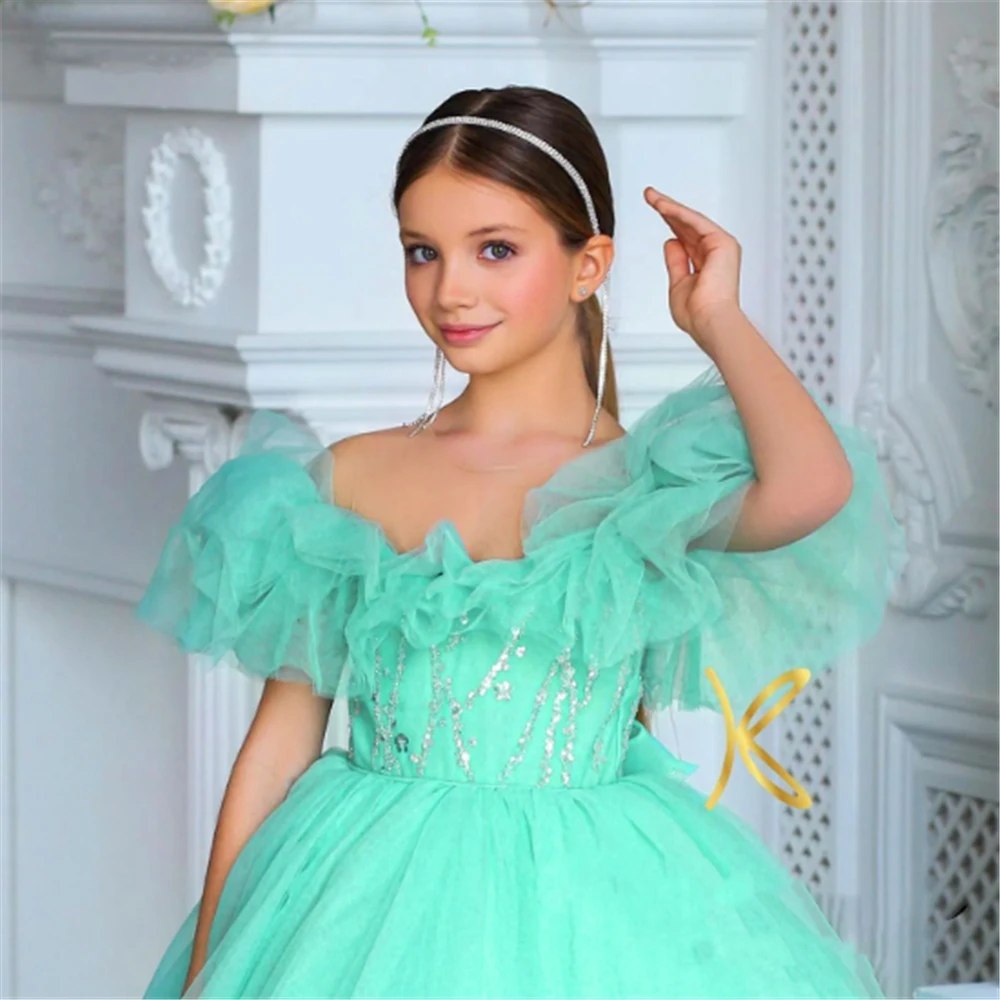 

Flower Girl Dress Evening Gown legant Fluffy Tulle Lace Feather Princess Ball First Communion Dresses Kids Birthday Gift Present