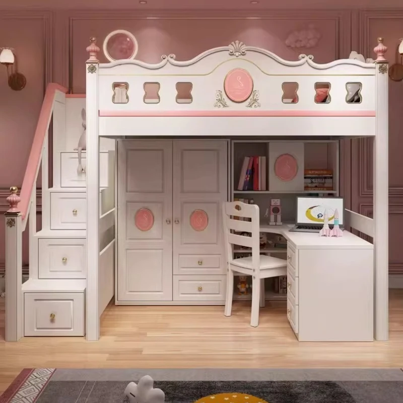 

Многофункциональная двухъярусная кровать в американском аристократическом стиле с письменным столом, тумбой и гардеробом для небольшой квартиры