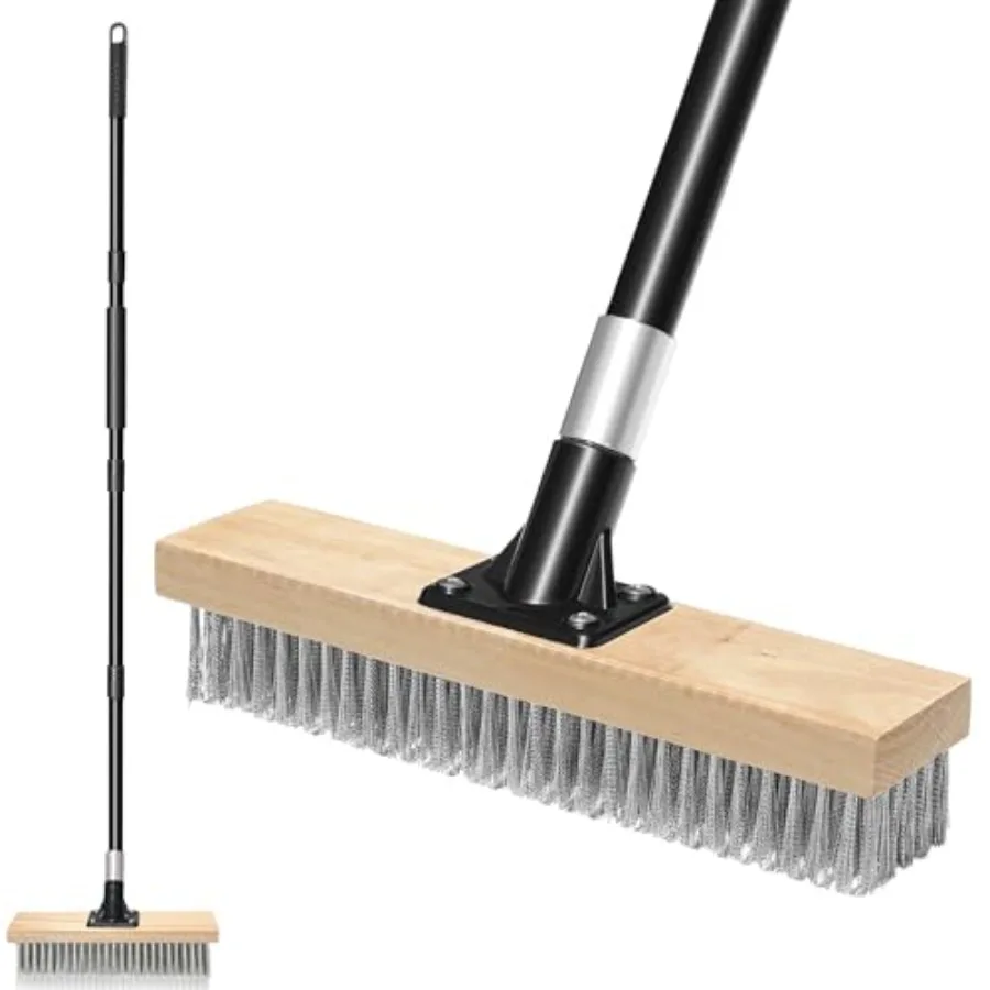 

Stainl Steel Wire Scrub Brush with Long Handle, Heavy Duty Stiff Metal Broom Scrubber, Outdoor Moss Removal for Concrete Floor,