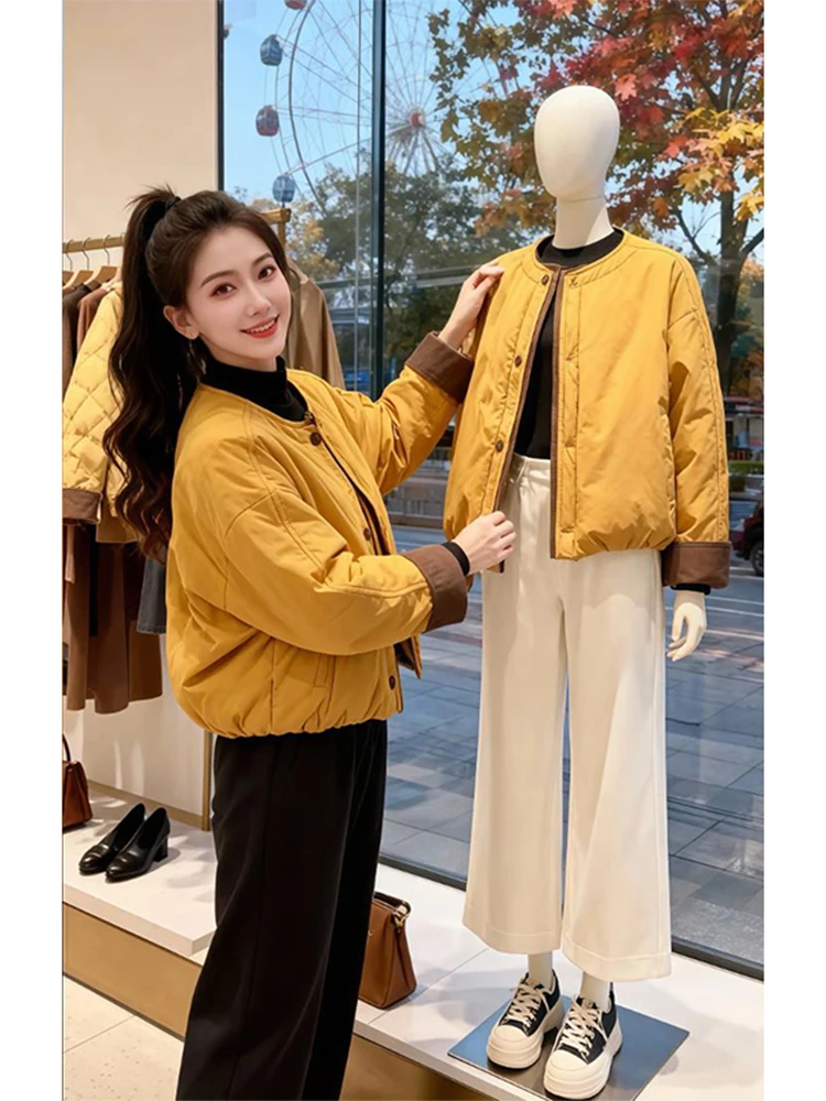 

Loose Fit ort Cotton Jaet Women's Casual round Ne Color Blo Design Korean Sle Commute Faion Autumn Winter Coat