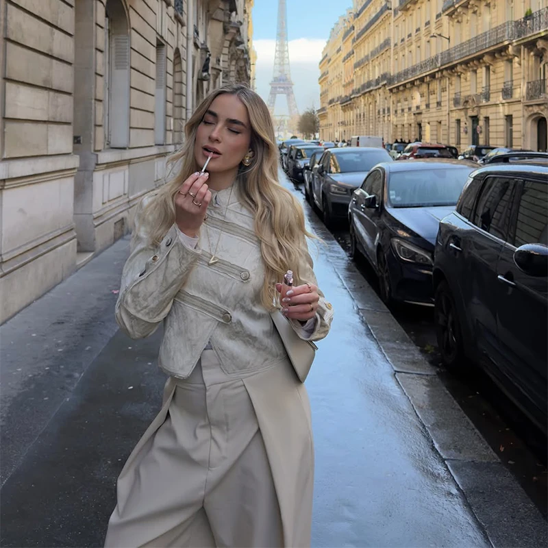 

French Beige Floral Jacquard Military Women's Jacket Diagonal Button Asymmetric Hem Cropped Outerwear Semi-seasons Coat
