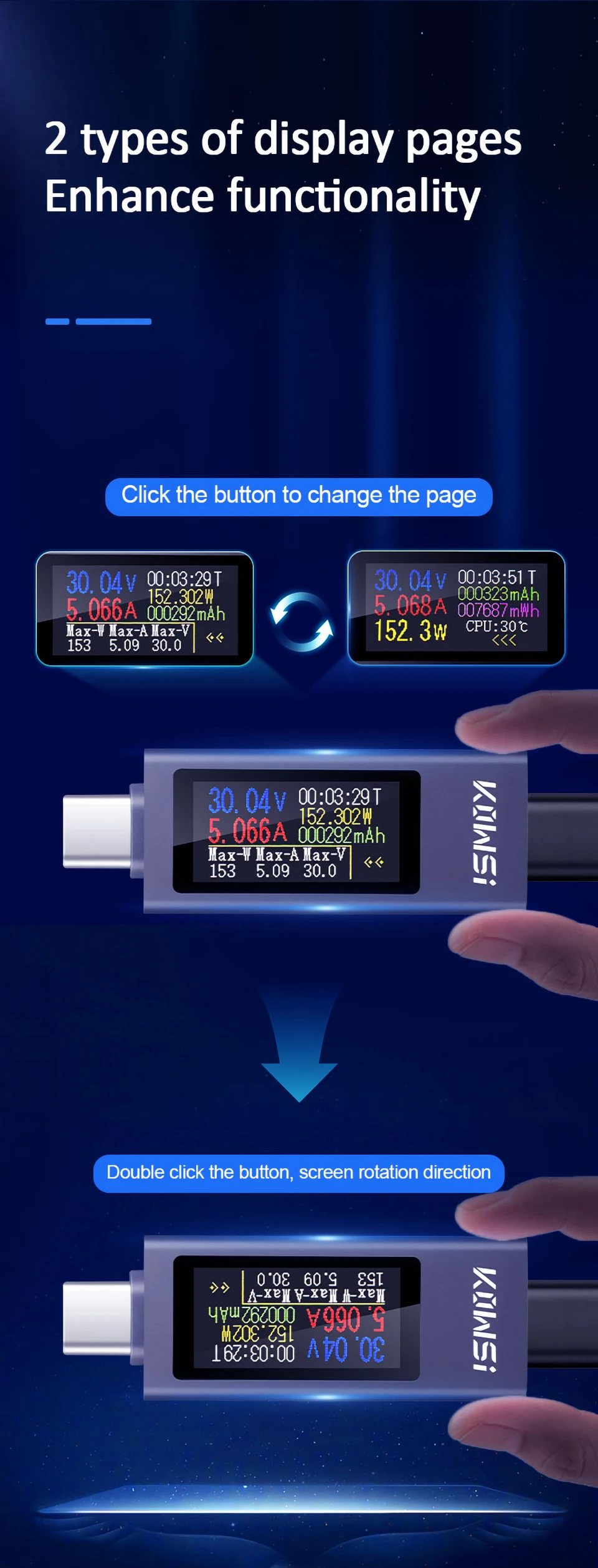 KWS-X1 4V-30V 12A Typ-C Tester Voltmeter Amperemeter TYPE-C Schnellladungserkennung Auslöser Kapazitätsmessung Rippelmessung – Detail 17
