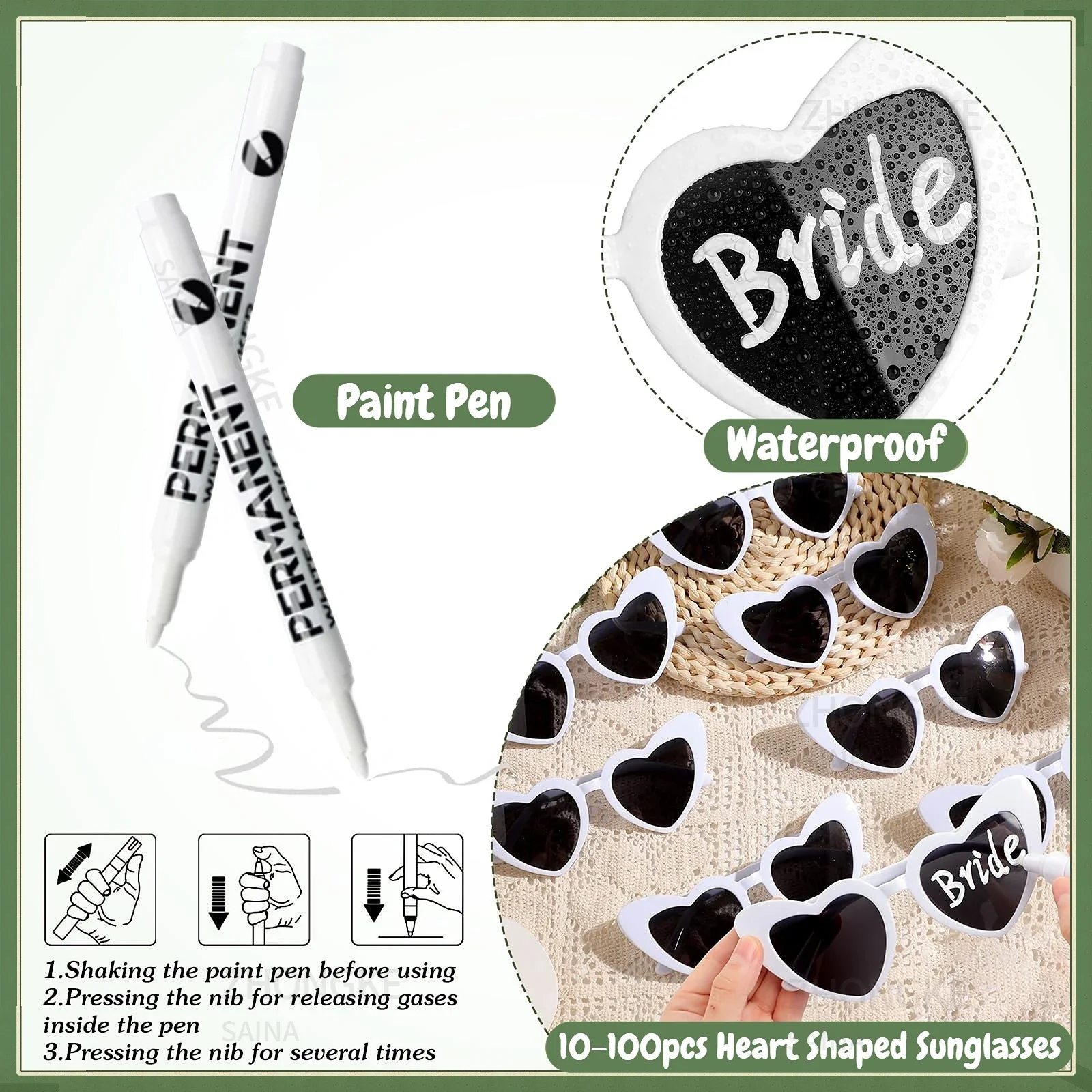 100-10Pcs DIY Heart-Shaped Wedding Sunglasses Set with Pens Bachelorette Party Favors Personalized Bridesmaid Gift for Guests