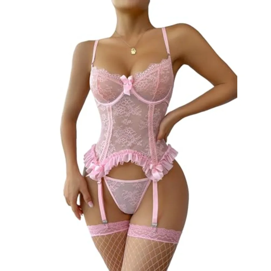 

Women's Sexy Lingerie Set Floral Lace Garter Bustier Lingerie Set with 1Pair Fishnet Stocking