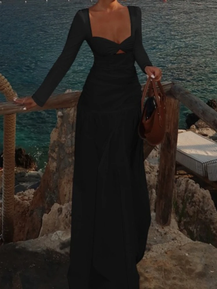 Foamlina 2025 Fall Fashion Solid Lange Mouw Jurk Vrouwen Elegante V-hals Cut-out Slanke Hoge Taille Plooien Holiday Party maxi Jurk