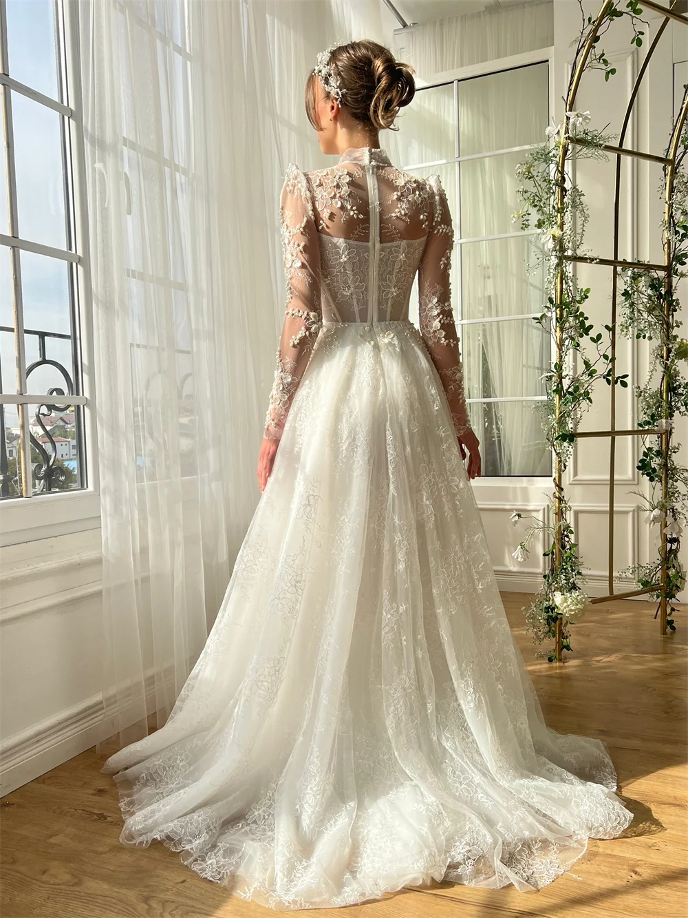 Amanda Customized Appliques Pearl Cut-out Ball Gown Prom Dresses Floor-Length vestidos de noche Mesh Long Sleeves Formal Evening
