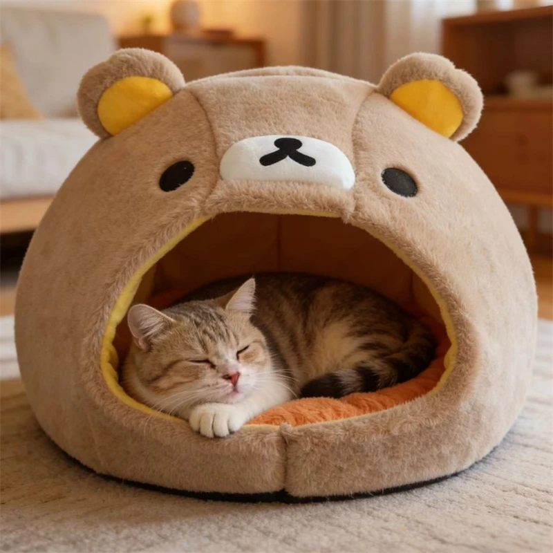 

Большой теплый домик-лежанка Rilakkuma для кошек с толстым мягким матрасом, уютное гнездо для кошек и маленьких собак, всесезонный, для дома и автомобиля, зимний подарок