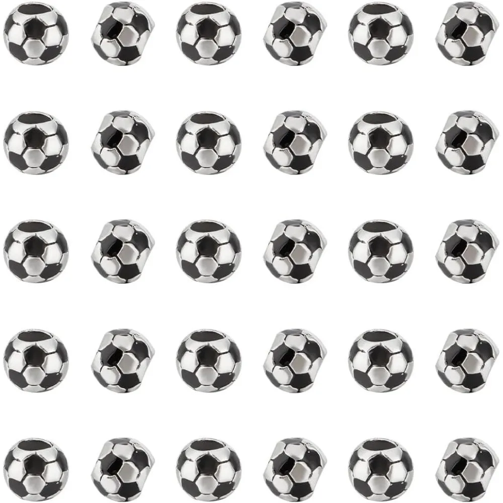 30Pcs Football Beads Soccer Ball Beads Metal Spacer Beads Large Hole Beads Enamel European Beads Sports Beads Black Beads