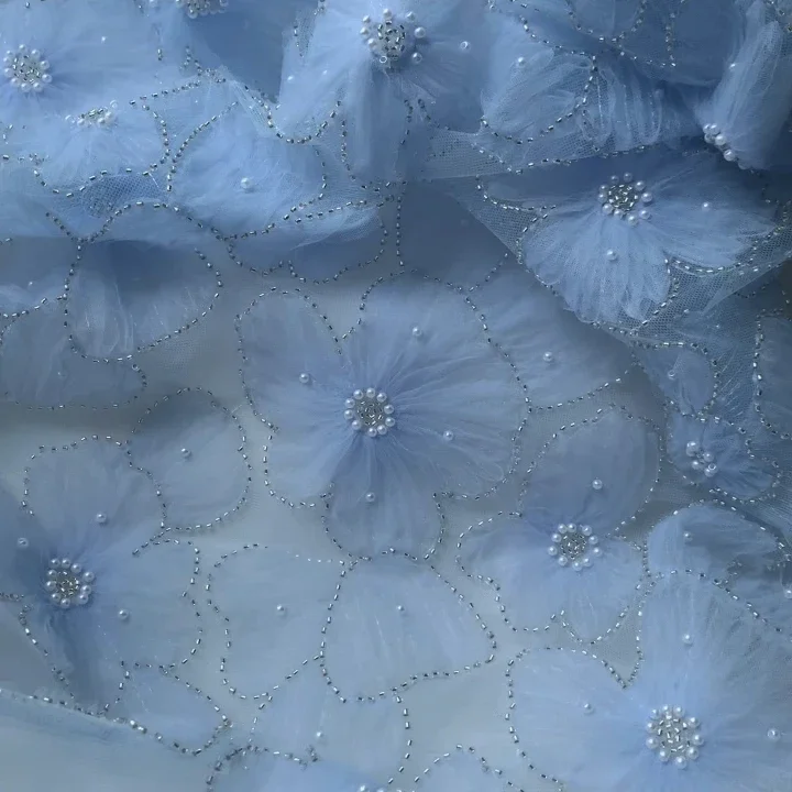 Embroidered Lace Fabric for Children\'s Clothing, 3D Mesh Flowers, Silver Bead, Pearl Wedding Dress, Lace Ribbon, 3 Colors