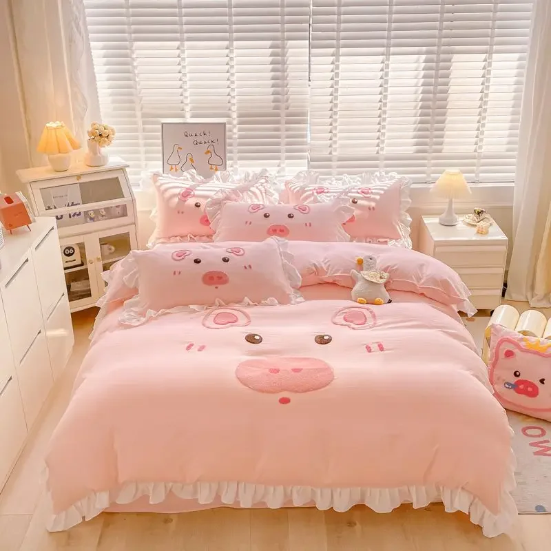 

Korean Princess Fengshui Washed Cotton Pure Four-piece Lace Quilt Cover Cartoon Bed Three-piece Set