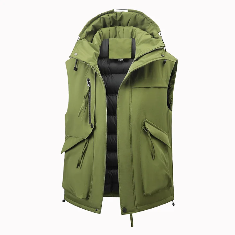 

2025 Autumn Winter Multi Pocket Workwear Vest Jacket Man Hooded Warn Waistcoat Sleeveless Casual Sports Solid Hooded Vests