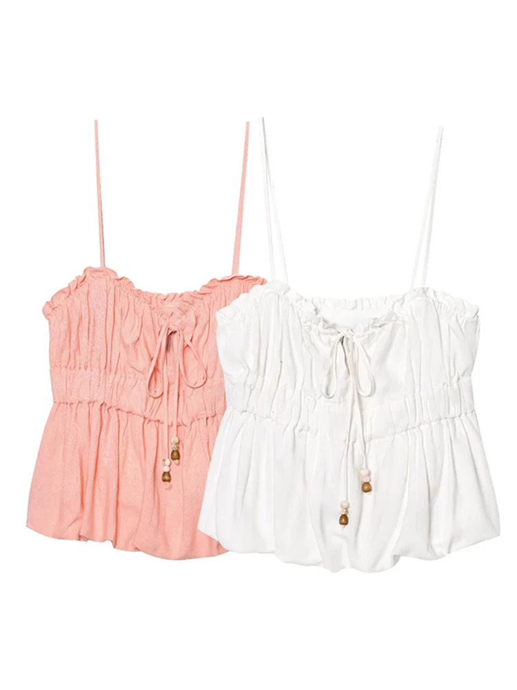 

Casual Lace Up Ruffles Sling Short Vest Women Solid V-neck Sleeveless Backless Pleated Crop Tops 2025 Summer Lady Tank Top New