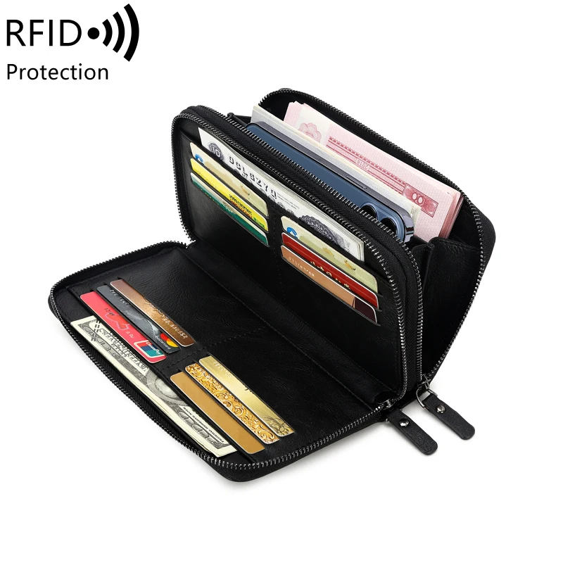

RFID Anti-Theft Brush Wallet for Men, Multi-functional Business Handbag, Large Capacity, Double Zipper, Long Wallet, Hot-selling