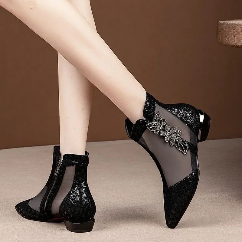 FHANCHU Women Sandals Boots,Mid Heel Summer Mesh Shoes,Soft Ankle Botas,Rhinestone,Pointed Toe,Side Zip,Black,Blue,Dropship