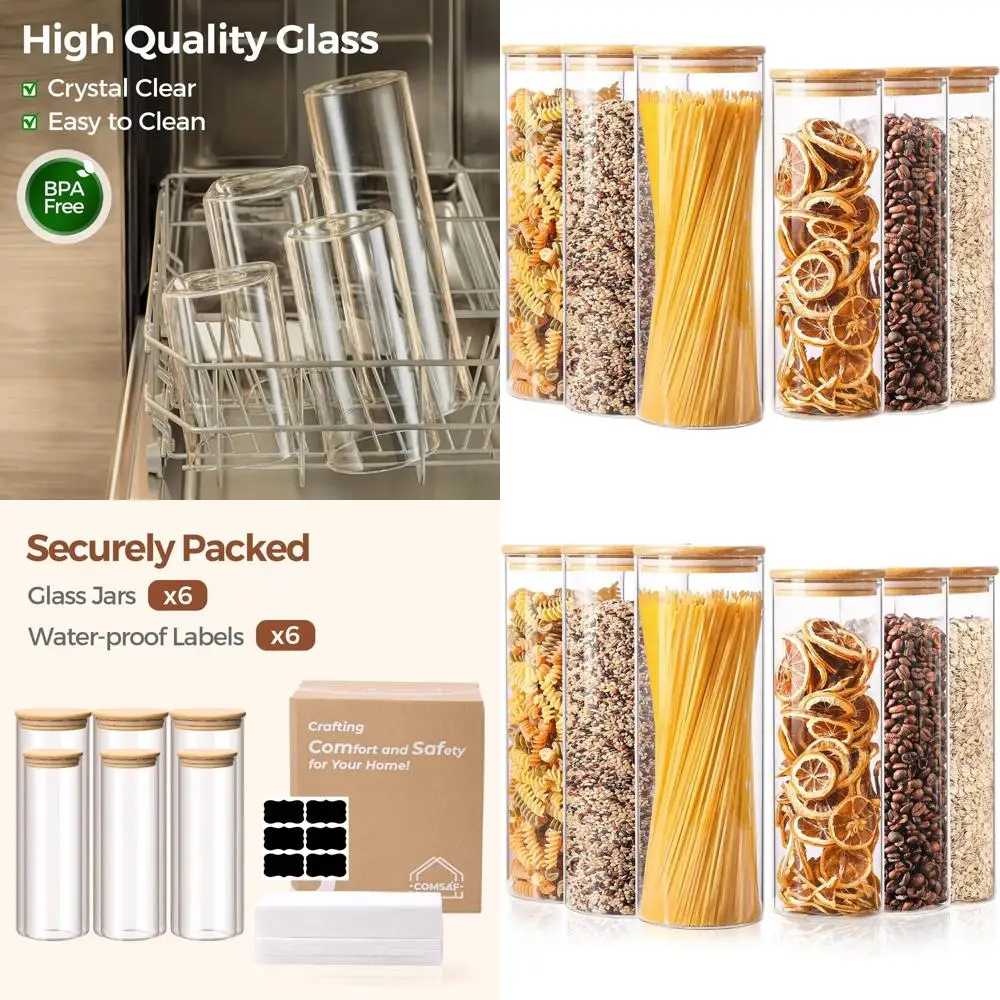 

Set of 6 Glass Food Storage Jars with Lids, Tall Containers for Kitchen, Ideal for Pasta, Flour, Nuts, Oats, Coffee, and Sugar,
