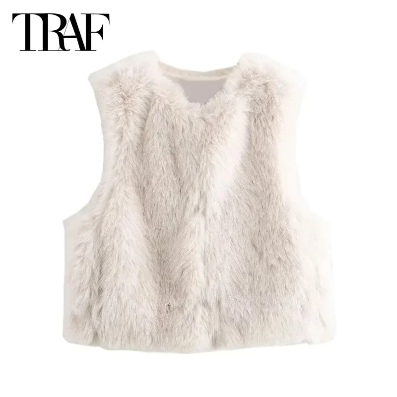 TRAF Autumn Winter Women's Cropped Faux Fur Vests 2024 Elegant Sleeveless Waistcoat Outerwears Fashion Casual Beige Black Vests