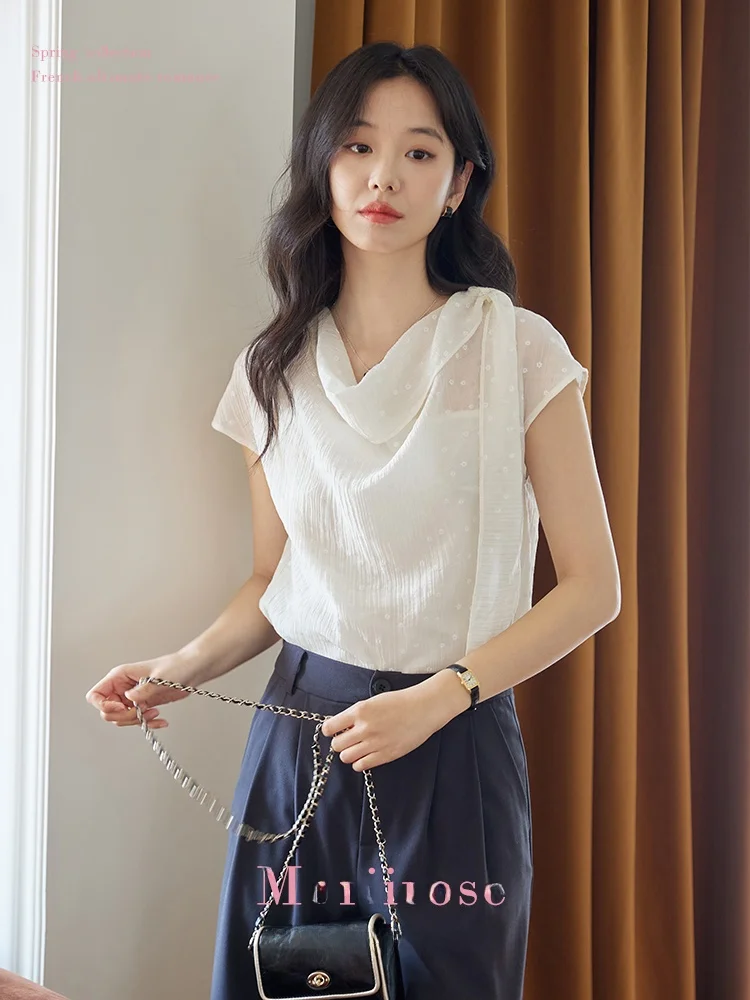 

Moriirose Women's Summer Vintage Silk Shirt White Loose Neck Ribbon Dot Print Overhead Top Breathable Comfortable Straight Cut