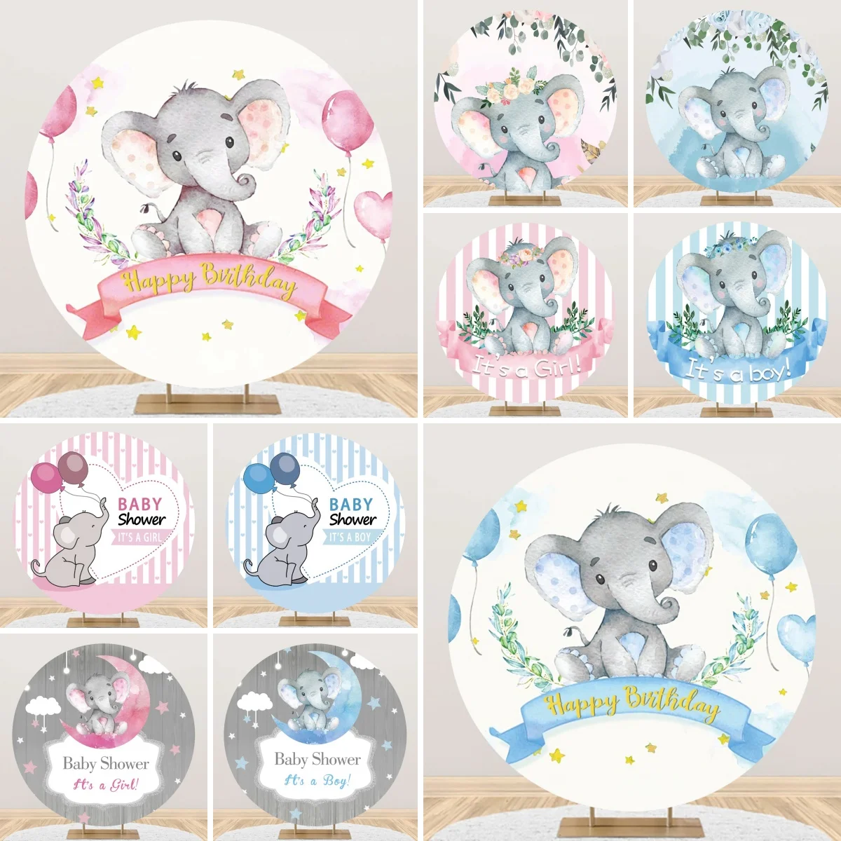 Elephant Baby Shower Round Backdrop Blue Pink Boy Girl Gender Reveal Birthday Party Photo Decor Background Photocall Props
