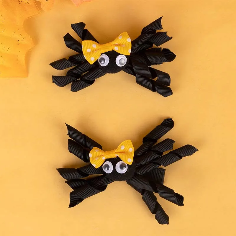 ncmama 2Pcs Spider Hair Bow Clips Halloween Hair Accessories Sweet Girls Ribbon Curly Hairpin Kids Headwear Boutique Barrettes