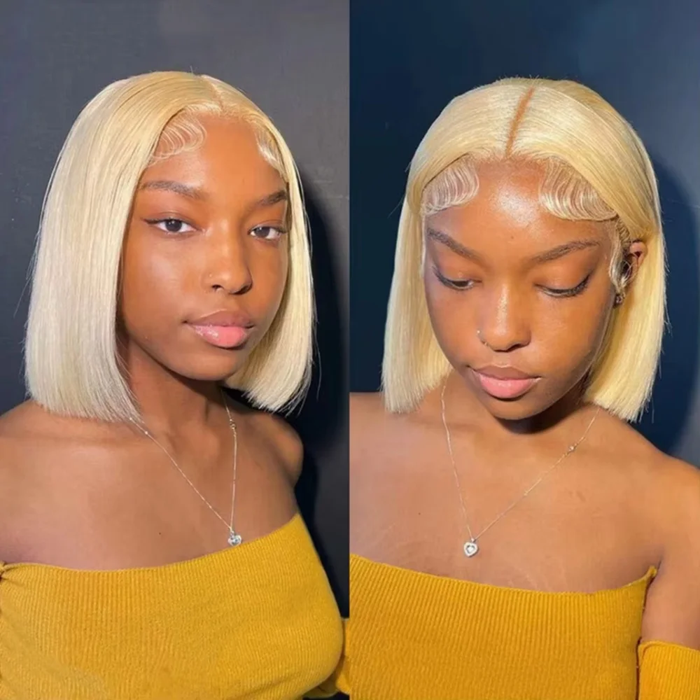 Honey Blonde 613 Colored Short Bob Wigs 8-14 Inch Bone Straight Pre-plucked 13x6 HD Lace Front Human Hair Bob Wigs For Women image 2