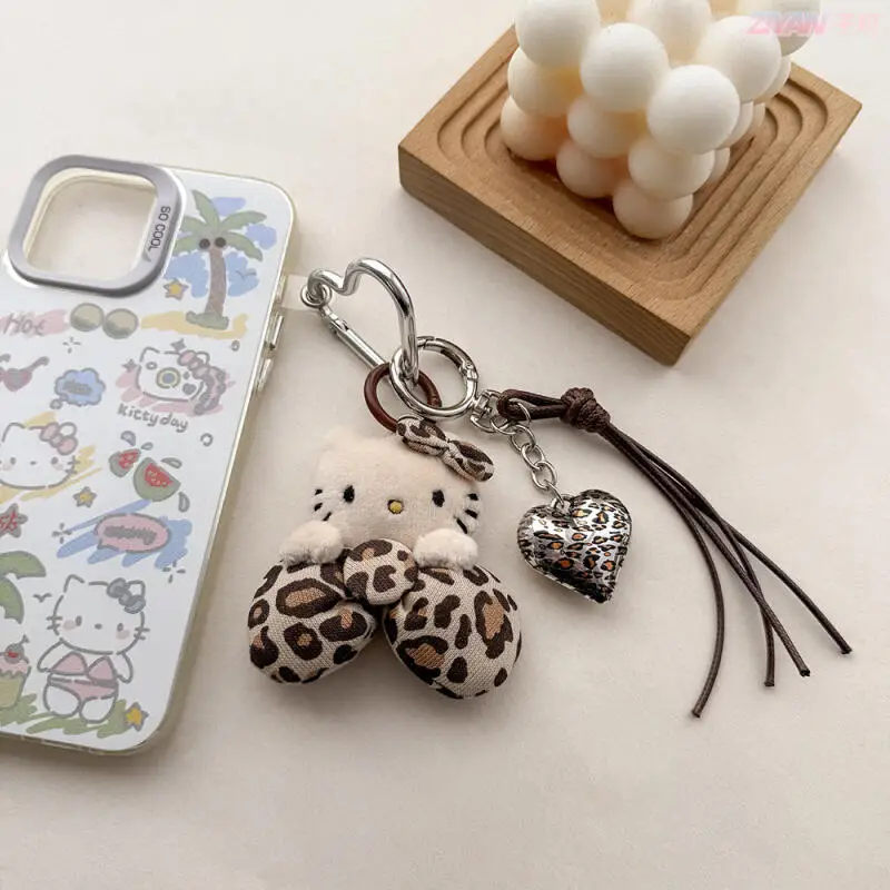 Hello Kitty hecho a mano lindo patrón de leopardo juguete de peluche Otoño Invierno muñecas correa de teléfono llavero decoración bolsa colgar regalo para niñas