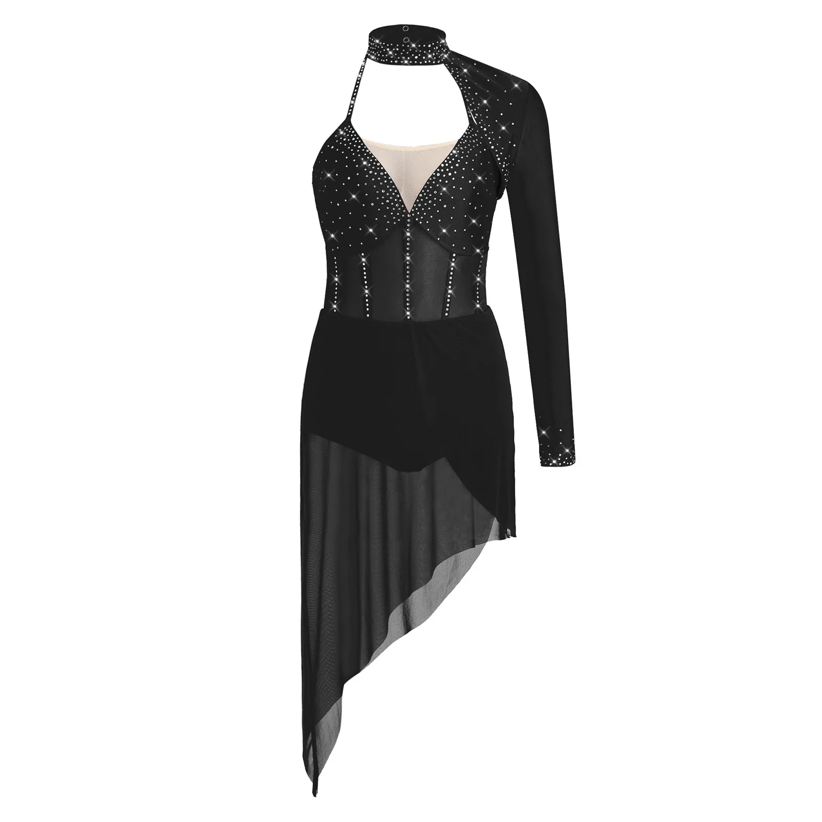 

Women Modern Lyrical Dance Dress Single Sleeve Rhinestones Mesh Bodysuit Dresses Figure Skating Gymnastics Acrobatics Leotard