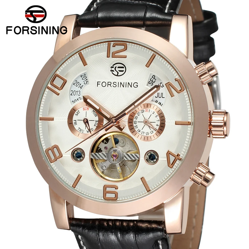 FORSINING Rose Gold Watch Week Calendar displays flywheel pattern digital mechanical skin strap Wrist Watch for men and women