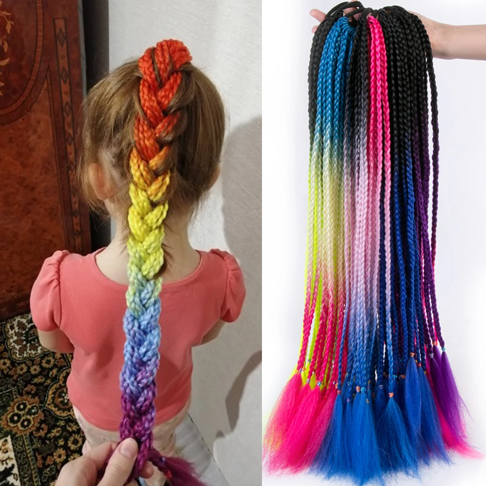 Synthetic Ponytail Extension Hairpiece With Rubber Band Hair Ring Chignon 24 inch Braided Ponytail Hair For Kids Women Rainbow