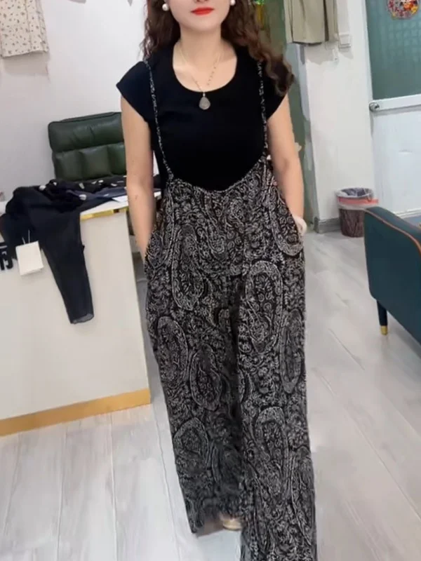 

Bla Printed Wide Leg Pants Women's Summer New Trend Loose One-Piece Slimming Versatile Strap High Waist Trousers Casual Pol...