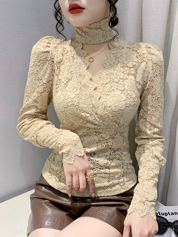 

Women's High Collar Lace Base irt Sexy Hollow Long Sve Tight Inner Wear Ele Top Korean Sle Commute Faion