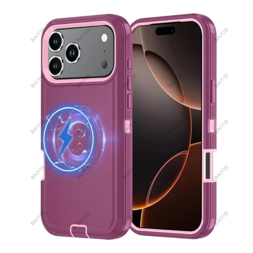 Heavy Duty Ott Magnetic Armor Case for iPhone 12 13 14 15 16 17 18 Pro Max Air Plus 17e Impact Resistant Charging Protect Cover