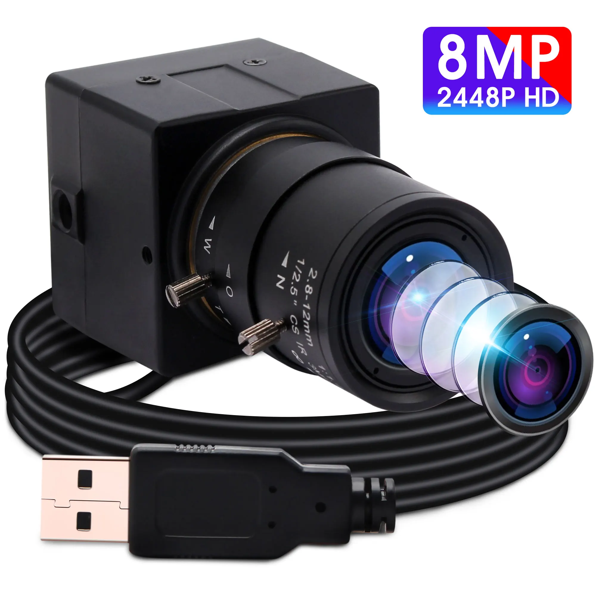 8MP USB Webcam 2.8-12mm Lens HD Zoom Plug & Play