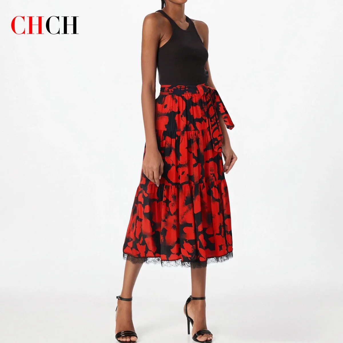 CHCH Women's Half Length Skirt Vintage Red Printed Irregular Long Skirt Fashion Commuter Cake Skirt
