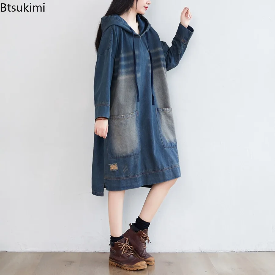 Spring Autumn New Women's Vintage Denim Hooded Long Dress Loose Casual Big Pockets Hoodies Women Sweatshirts Hip Hop Streetwear