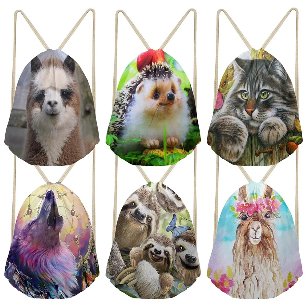 Drawstring Pouch Bag For Kids Animal Alpaca Hedgehog Animal Print String Backpack For Children School Students Pouches Mochila