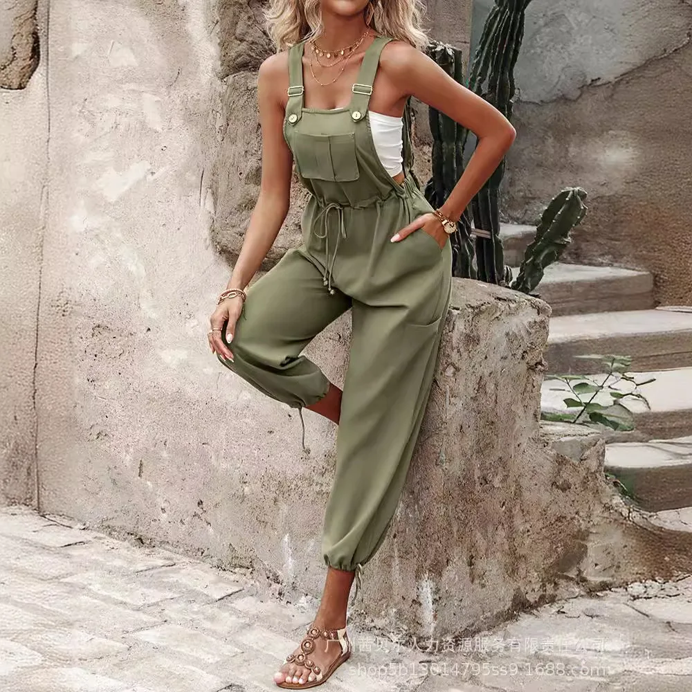 Cotton and Linen Strap Buckle Multi-pocket Waist Elastic Strap Wide-leg Jumpsuit for Women