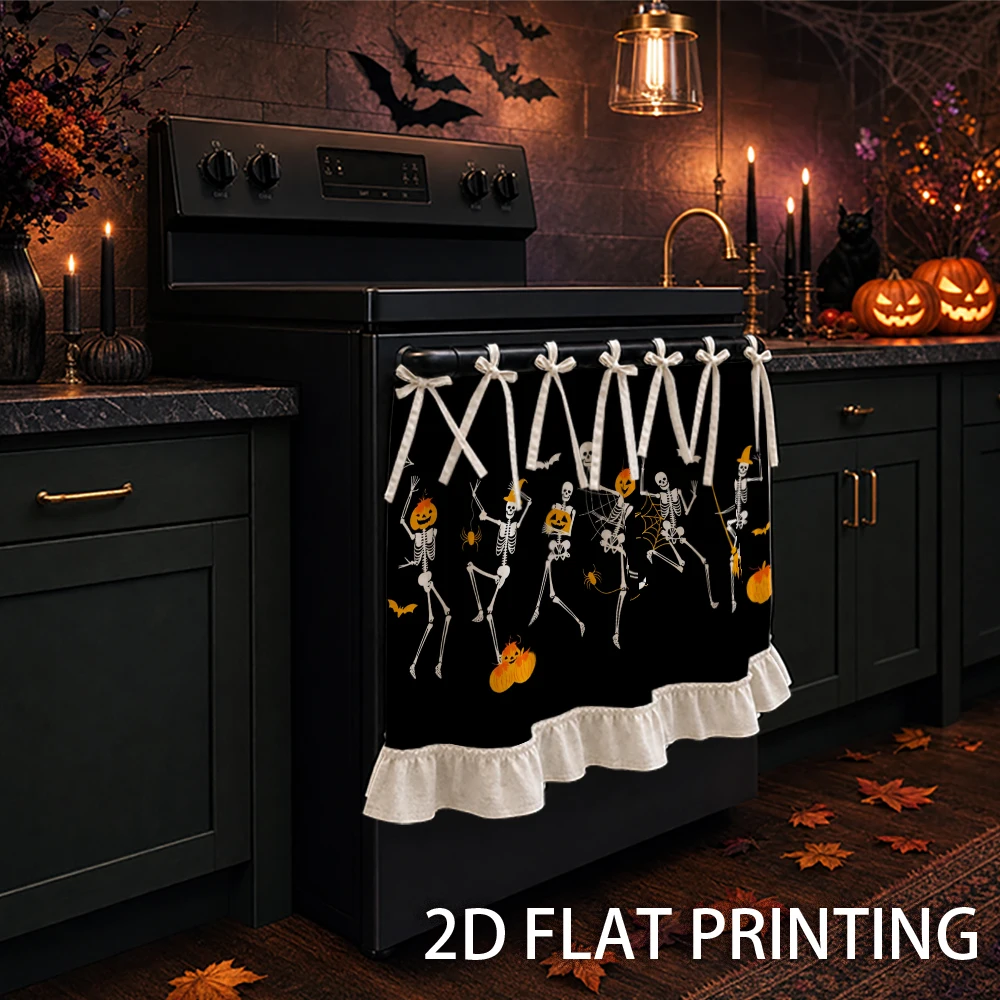 1PC Kitchen Curtain-Cabinet Curtain-Apron. Featuring dancing skeletons, pumpkins, bats, and spider webs. Can be used as a stove