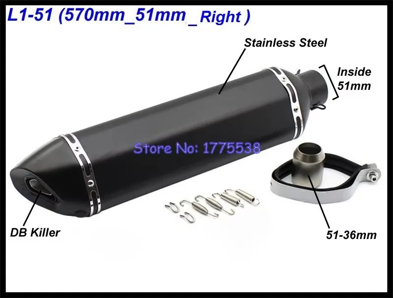 Left Right Side Lenth 570mm/470mm/370mm Inlet 51mm 61mm Motorcycle Exhaust Muffler Escape Baffle for NINJA400 TMAX XMAX NMAX R3