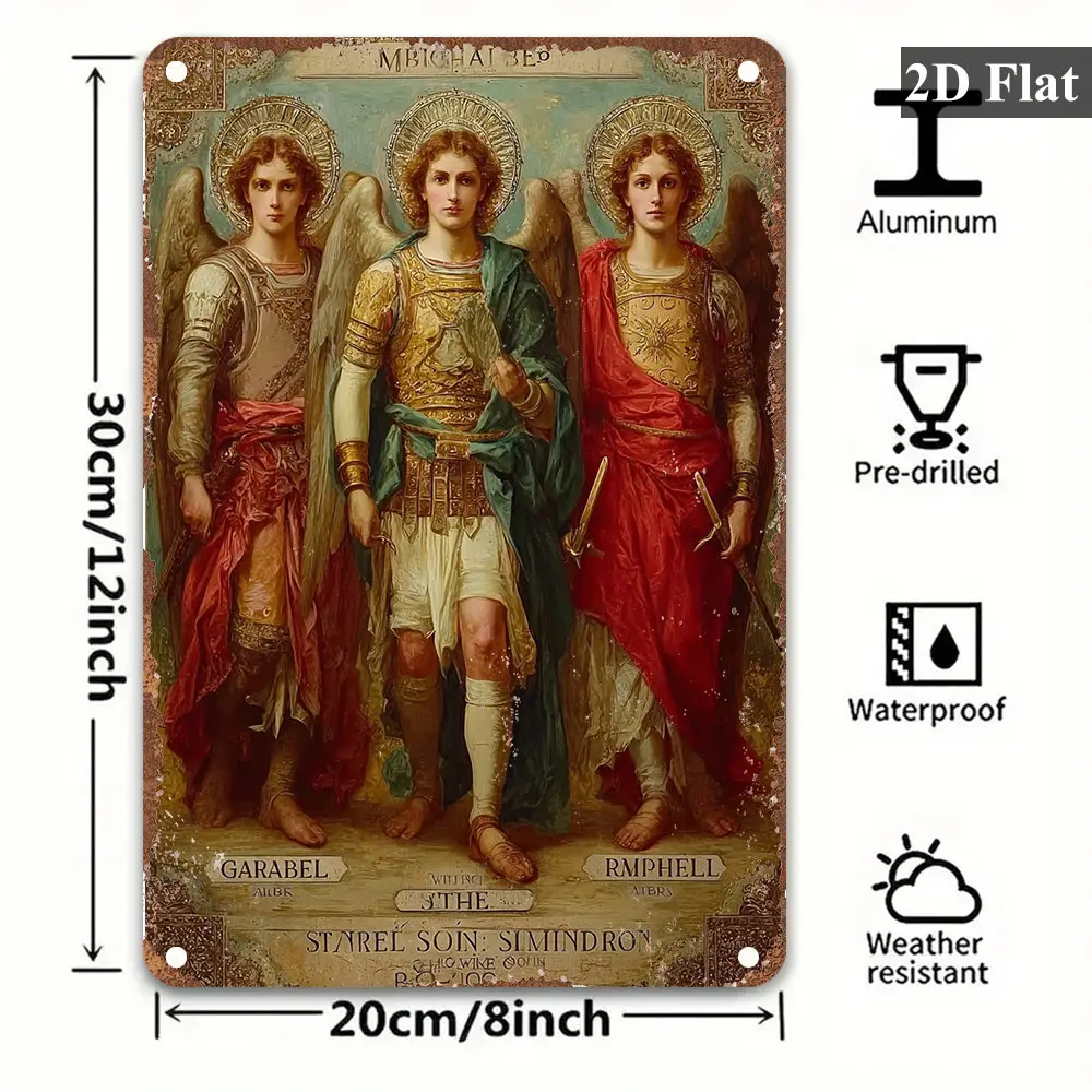 2D Flat - 1pc of Retro-Style Flat Sign - Made Of, Featuring Vintage Representations of Archangels Gabriel, Michael, And Raphael