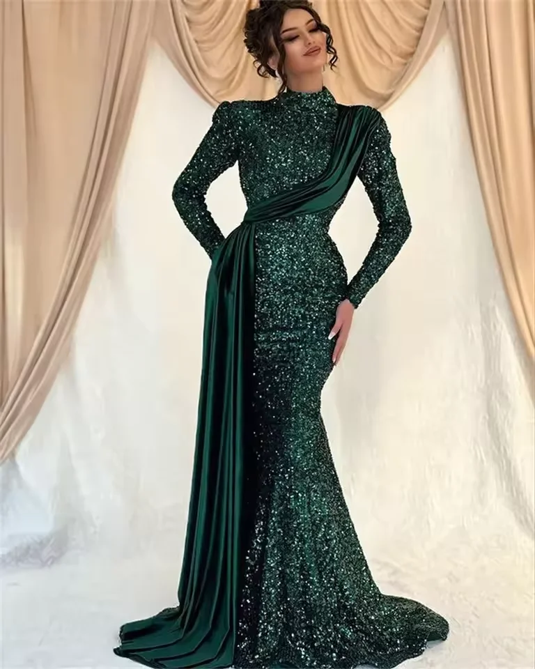 Emerald Green Velour Sequins Evening Dresses Elegant 2025 Long Sleeves Mermaid Formal Prom Gowns Dubai For Women Party Dress