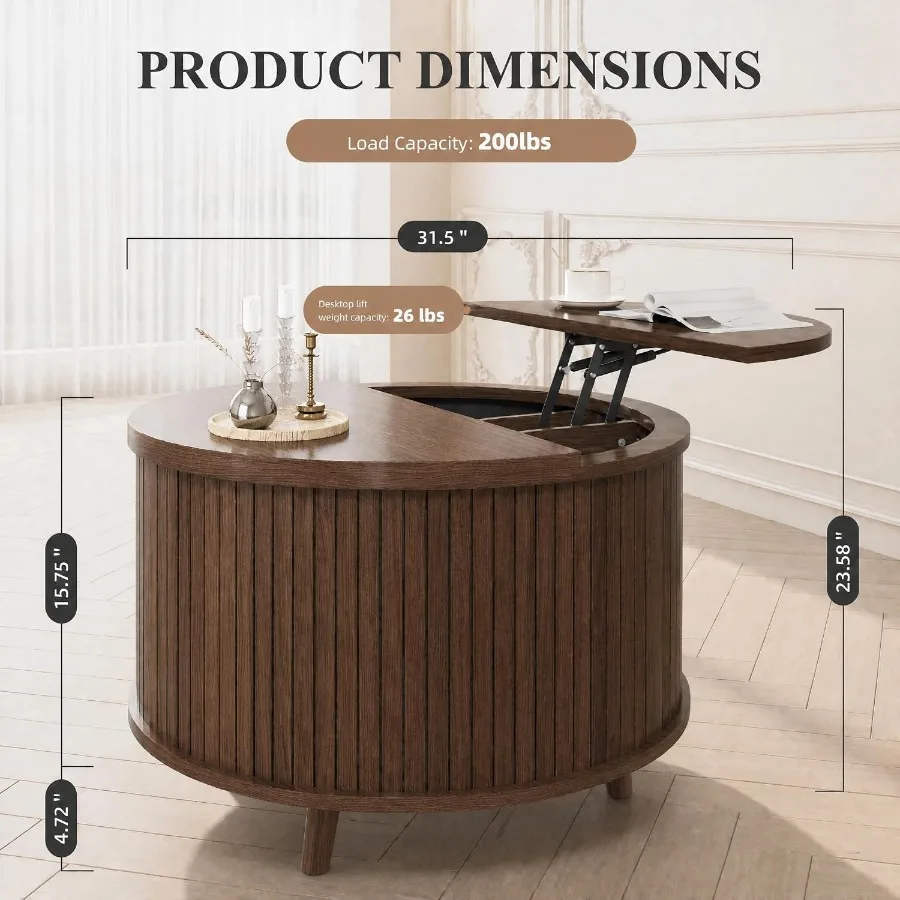 Lift Top Coffee Table for Small Spaces, 31.5 Mid-Century Modern Wooden Round Table with Storage, Circle Fluted Center Table for